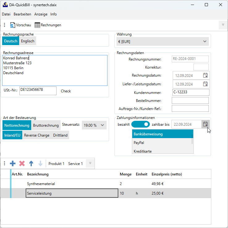Screenshot Hauptfenster von DA-QuickBill mit der Eingabemaske für alle erforderlichen Rechnungsdaten. Inuitiv, benutzerfreundlich, angelehnt an dem typischen Erscheinungsbild auf einer Rechnung