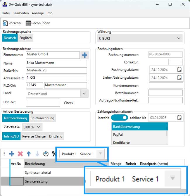 QuickButtons für Rechnungserstellung Screenshot der QuickButtons in DA-QuickBill