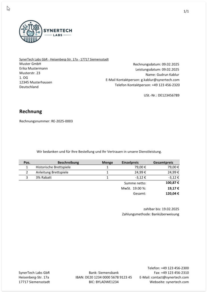 Screenshot der exportierten rabattierten Nettorechnung