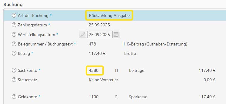 Screenshot zur Buchung der IHK-Rückerstattung auf das SKR03-Konto 4380 als Rückzahlung aus Ausgaben