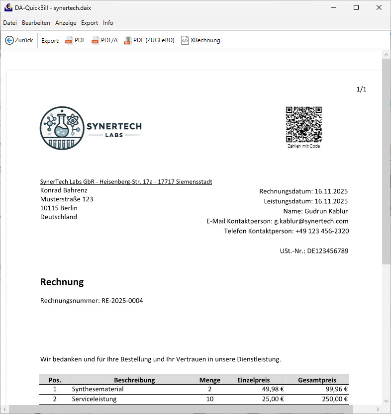 Screenshot der Rechnungsvorschau mit den Buttons zum Erzeugen der PDF-Rechnung, ZUGFeRD-Rechnung oder X-Rechnung.