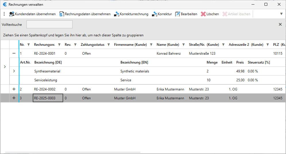 Screenshot zur Verwaltungsoberfläche der Rechnungen. Dort sieht man alle erzeugten Rechnungen und kann auch den Status der Bezahlung der Rechnung verwalten.