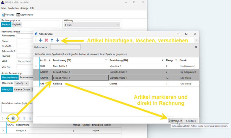 Screenshot der neuen Artikeldatenbank, Produktkatalog in DA-QuickBill. Der Screenshot verdeutlicht, wie man Artikel bzw. Produkte verwalten kann und wie man diese direkt in die Rechnung einfügen kann.
