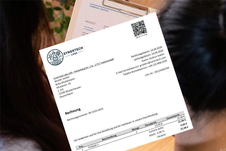 Beitragsbild mit einer Rechnung, die einen Bezahl-QR-Code, auch GiroCoder oder EPC-Code genannt, enthält