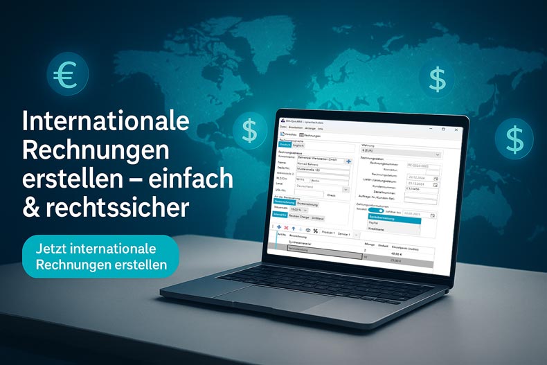 Laptop mit internationaler Rechnungssoftware vor Weltkarte – Fremdwährungen & Reverse Charge mit DA-QuickBill
