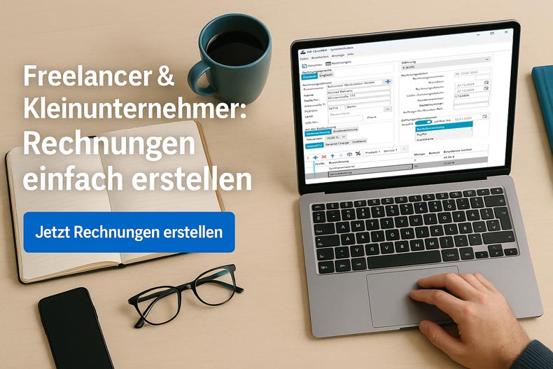 Freelancer schreibt Rechnungen am Laptop mit DA-QuickBill – einfache Rechnungssoftware für Kleinunternehmer ohne Abo.